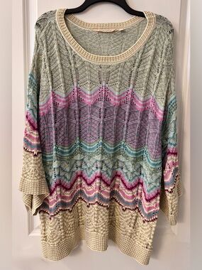 #z191 - Soft Surroundings Thereze Striped Pointelle Sweater Gold Metallic Accent
